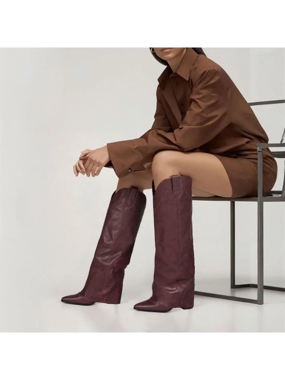 Women's Burgundy Chunky Heel Elegant Cowgirl Fold Over Knee High Shark Boots